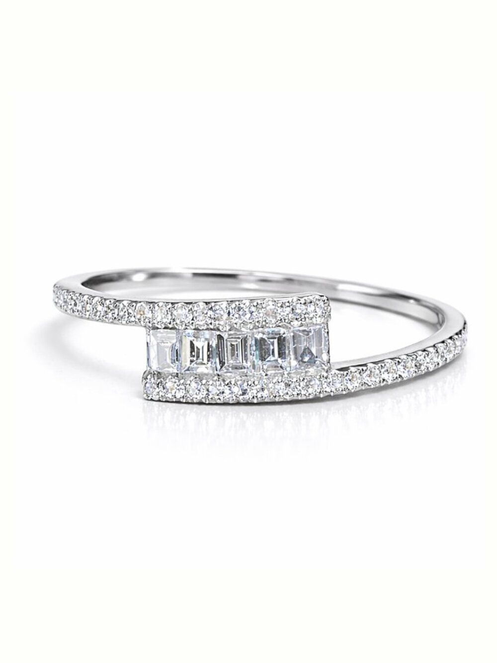 💎 EF Collection 14K White Gold Baguette & Pavé Diamond Bypass Ring